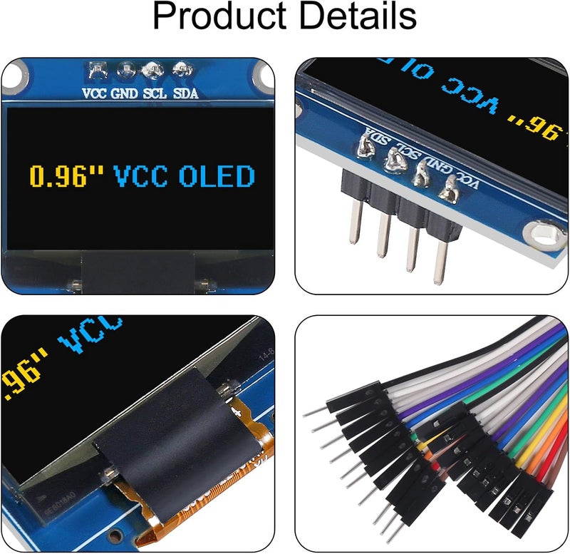 XIITIA 6pcs 0.96 inch OLED IIC I2C Display Module SSD1306 128x64 LCD Screen Driver with 30pin Dupont Cables for Arduino Projects(Yellow Blue/VCC Screen) - Image 3